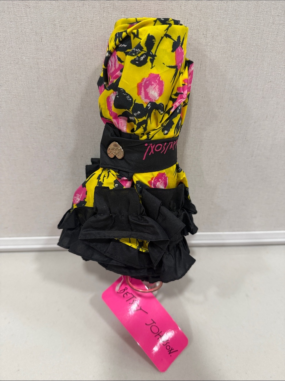Betsey Johnson Yellow Floral Umbrella with Black Ruffle Trim